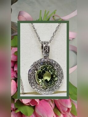 Tourmaline Mint Green Pendant w/Diamonds 14K Solid White Gold